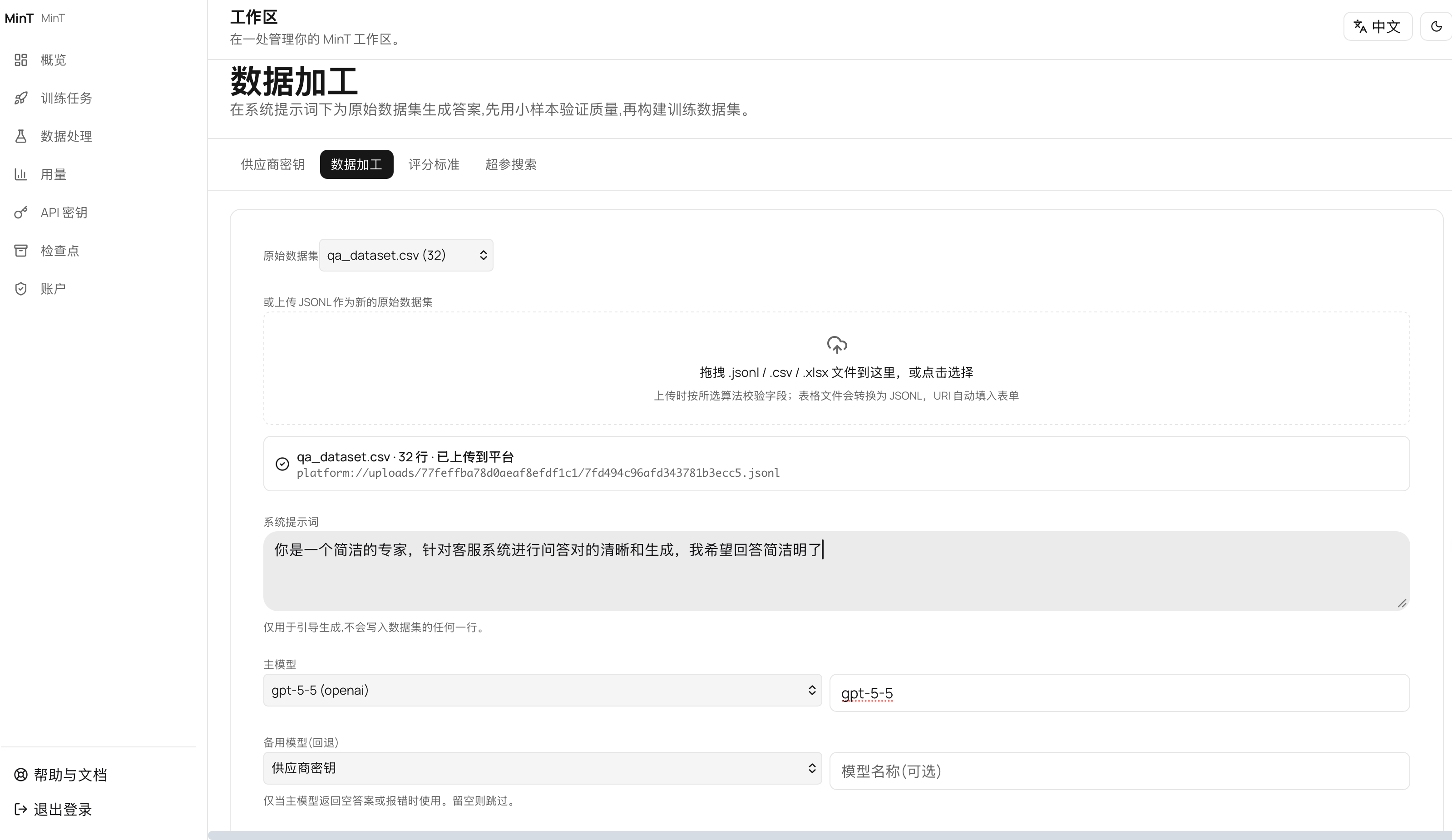 选择数据加工模型和系统提示词